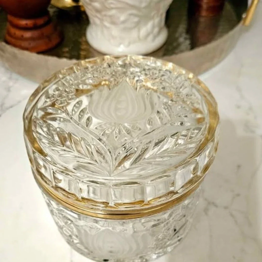 Vintage French Cut Crystal Hinged Jewelry Box Brass Trim /Floral Etched Design